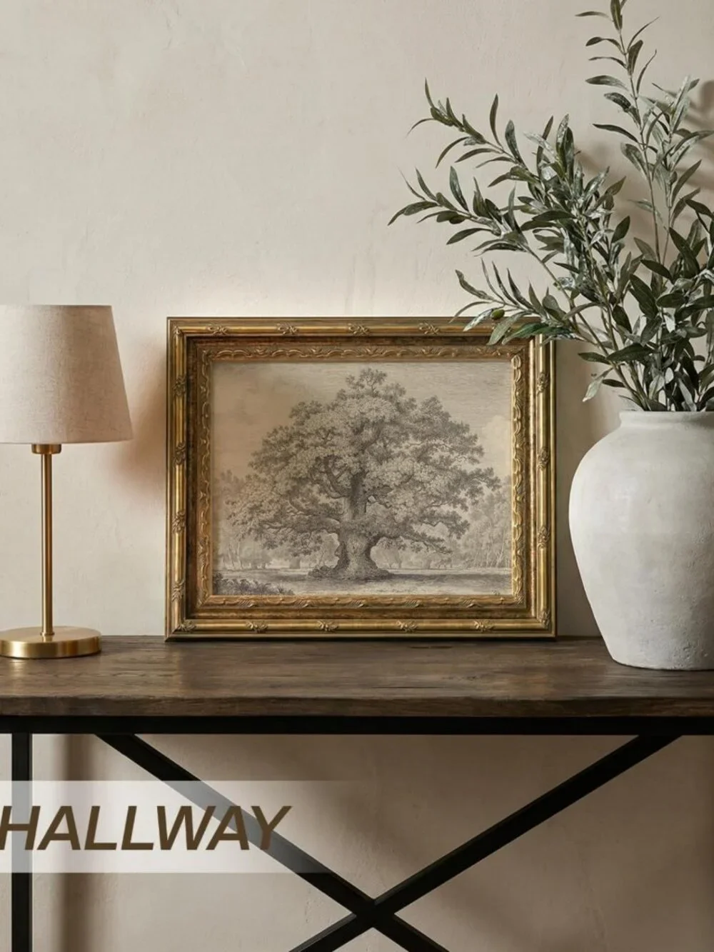 Vintage Botanical Wall Art | Oak Tree Canvas Print | Gold Framed Rustic Decor